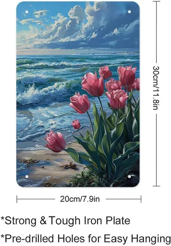 Miniatura 2 de Coastal Tulips with Ocean Waves Metal Tin Sign Wall Decor Retro Sign for Home Living Room Bedroom Coffee Wall Decor Halloween Christmas Gifts