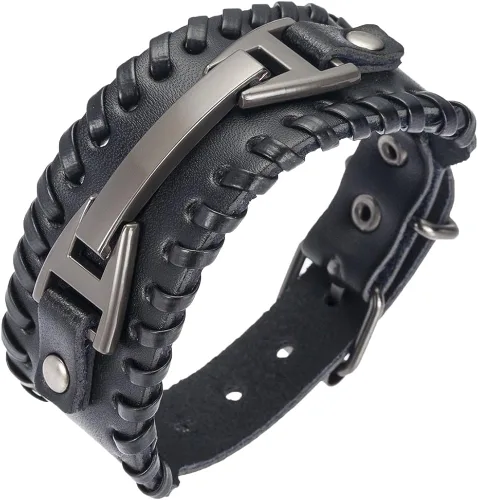 Miniatura 5 de Hamoery Men Leather Bracelet Punk Braided Rope Alloy Bracelet Bangle Wristband