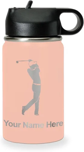 Miniatura 47 de LaserGram Botella de agua personalizada, golfista de golf, acero inoxidable de doble pared aislada al vacío con popote superior, regalo grabado Negro