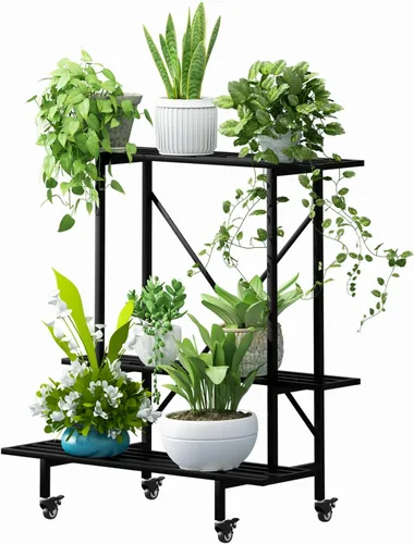 Miniatura 5 de Zhongma Soporte para Plantas de Metal de 3 Niveles de Servicio Pesado con Ruedas, 35.43 L x 17.5 A x 38.6 Al. Soporte para Plantas que Ahorra Espacio