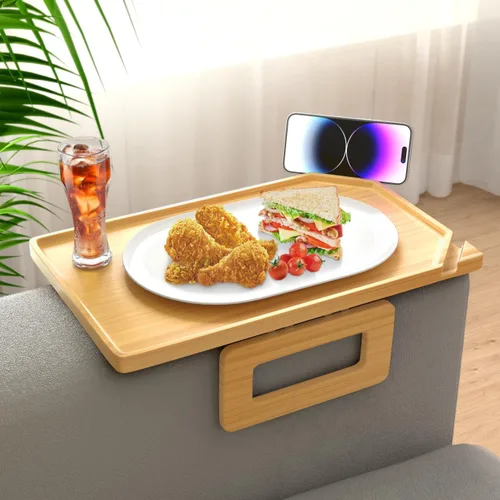 Miniatura 9 de Smatdecis Bandeja de brazo para sofá, mesa de clip para brazos, mesa de bandeja para reposabrazos adecuada para bebidas caseras, comida rápida, Negro