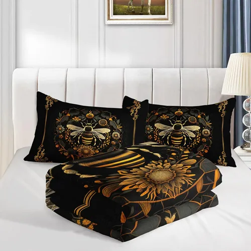 Miniatura 5 de AILONEN Juego de edredón de abeja bohemia, tamaño Queen, juego de ropa de cama de lujo negro y dorado para niños, adolescentes y niñas, edredón
