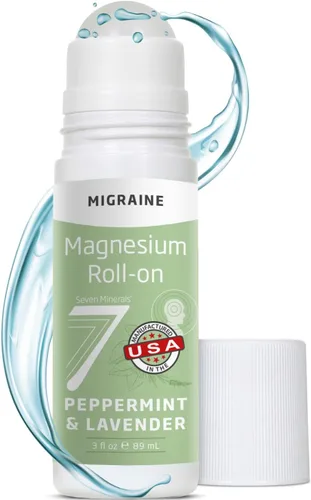 Seven Minerals Migraine Roll On Stick con magnesio, menta y lavanda, alivio natural del dolor de cabeza por tensión con magnesio real, no solo