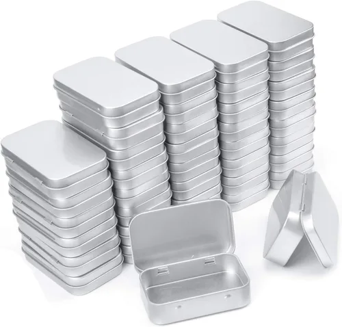 Aybloom Latas rectangulares de metal vacías con bisagras – Paquete de 40 mini recipientes portátiles plateados kit de almacenamiento pequeño y