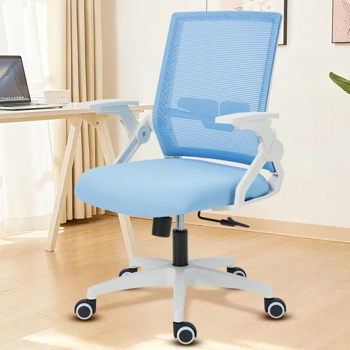 Miniatura 7 de Silla ergonómica de oficina con altura ajustable de malla, silla giratoria con brazos abatibles y soporte lumbar, color azul Brazos abatibles - Azul