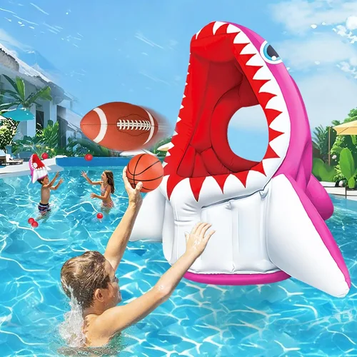 YongnKids Juguete de piscina de tiburón para niños de 4 a 8 años, flotadores inflables 3 en 1 con aro de baloncesto y fútbol y juegos de lanzamiento