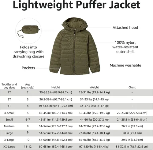 Miniatura 7 de Amazon Essentials Chaqueta ligera, resistente al agua, con capucha, acolchada y plegable para niños y niñas pequeñas