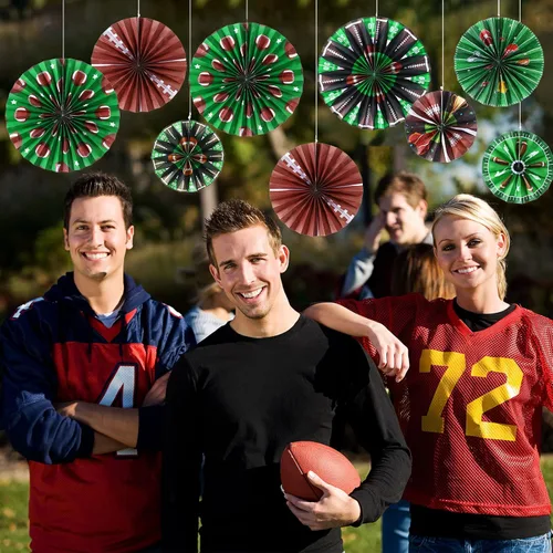 Miniatura 6 de Outus 9 piezas de decoración de fiesta de fútbol para colgar abanicos de papel de fútbol, béisbol, aula, decoración de pared de techo para deportes