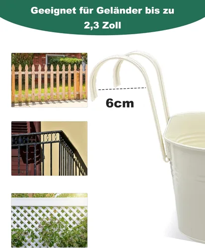 Miniatura 5 de Macetas de barandilla de metal para plantas al aire libre, 3 macetas colgantes de balcón con ganchos desmontables y agujeros de drenaje, macetas