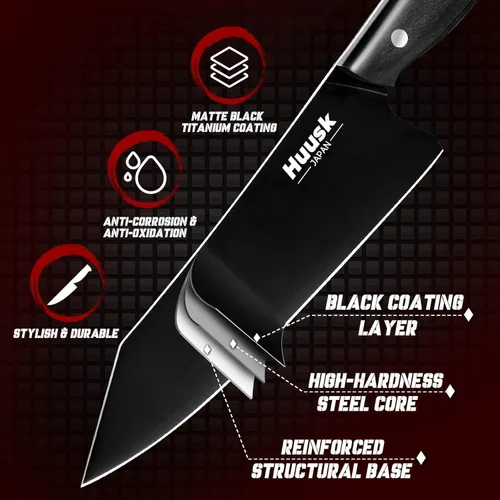 Miniatura 3 de Huusk Cuchillo de chef japonés para cocina, cuchillo Kirisuke de 7 pulgadas con revestimiento de titanio negro, cuchillos de cocina de acero