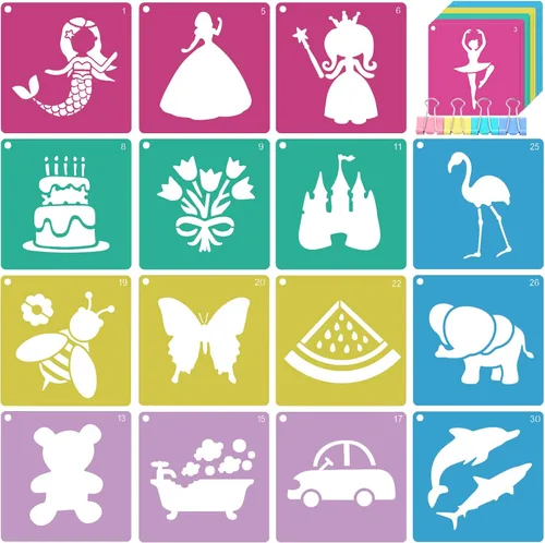 LanMa 30 plantillas de dibujo para niños y niñas, plantillas coloridas de pintura de plástico de 8 x 8 pulgadas, tiza para acera