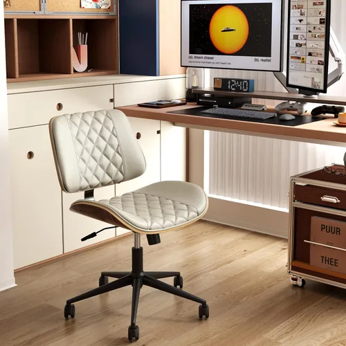 Miniatura 10 de Silla de oficina en casa, sin brazos con ruedas, silla de escritorio pequeña de altura ajustable sin brazos, silla de computadora de piel sintética