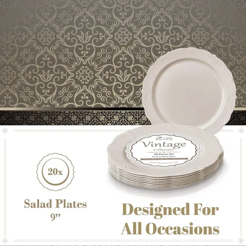 Miniatura 3 de Juego de vajilla desechable, 20 platos de pastel (vintage, crema, 9 pulgadas)