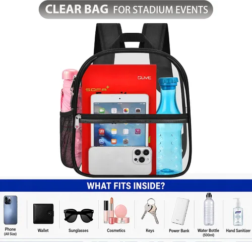 Miniatura 5 de Mochila transparente Oraben para eventos de estadio, mochila transparente para estadio 12x6x12, Negro, Pequeño
