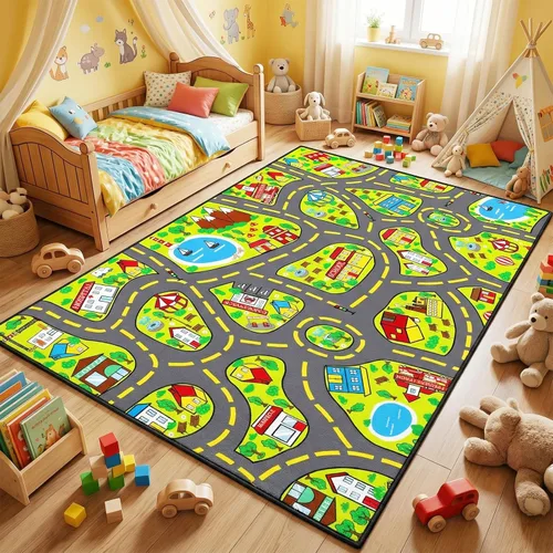 Miniatura 18 de Alfombra de juego para niños (2.6 x 5 pies), 2 unidades, alfombra de carretera para niños, alfombra de mapa de ruta de la ciudad, alfombra