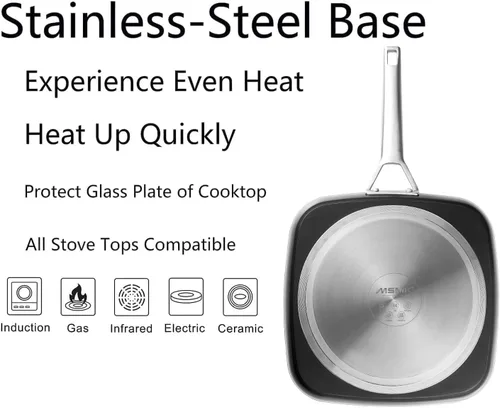 Miniatura 5 de MsMk - Sartén cuadrada con tapa de 9.5 pulgadas, sartén de parrilla antiadherente de titanio y cerámica, mango Stay-Cool, compatible con todas