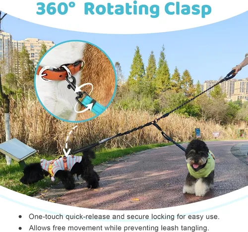 Miniatura 4 de Correa doble para perro, divisor sin enredos para dos perros, acoplador con cuerda de plomo larga ajustable, asas de control dual, elástico