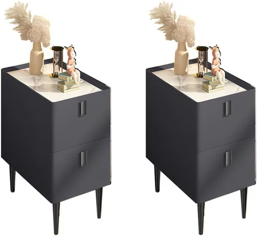 Miniatura 7 de Mesita de noche moderna de madera maciza con almacenamiento de 2 cajones, parte superior de mármol, práctica mesa auxiliar auxiliar para dormitorio