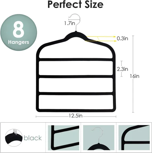 Miniatura 6 de DUDUCOFU - Perchas de terciopelo antideslizantes que ahorran espacio para pantalones, paquete de 8 perchas negras de múltiples capas para ropa, Negro