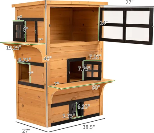 Miniatura 3 de 3-Tier Shelter for Cats: Asphalt Eave, Raised Floor, Escape Exit, Tiered Jump Platforms, Yellow/Black, 38.5x27x48in, Fir Material, Rated for 10lb