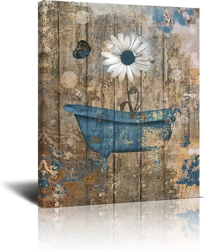 Solyart Lienzo rústico de margaritas de granja para decoración de baño, color marrón y azul en la bañera, cuadro de flores para bañera, arte moderno