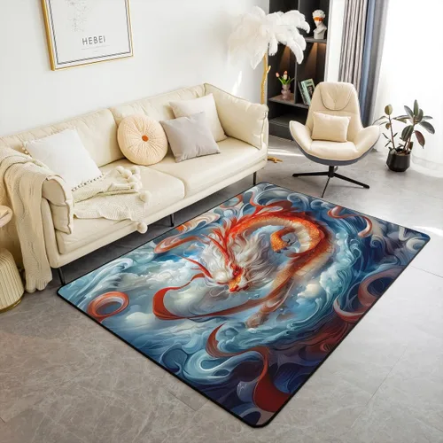 Miniatura 8 de Feelyou Alfombra retro de 5 x 7 pies con temática asiática para niños, adolescentes y adultos, estilo de pintura china con acuarela, alfombra Cian