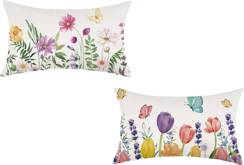 Miniatura 7 de ONWAY Juego de 2 fundas de almohada florales de primavera de 12 x 20 pulgadas, fundas de almohada lumbares decorativas con flores moradas y Morado