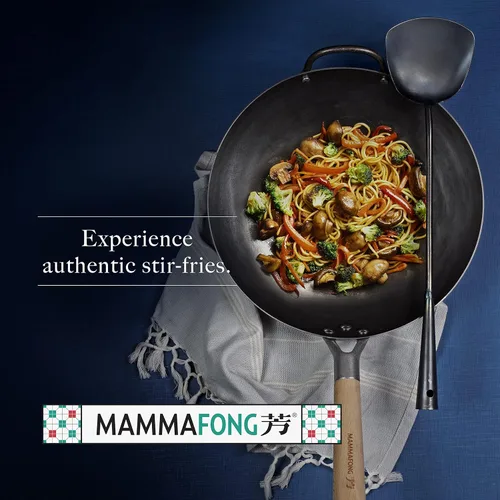 Miniatura 7 de Juego tradicional de wok de acero al carbono con fondo redondo martillado a mano con espátula Wok y cepillo de bambú