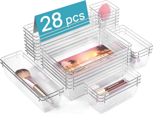 Miniatura 22 de Vtopmart Juego de 72 organizadores de cajones de plástico transparente, 4 tamaños versátiles bandejas organizadoras de baño y tocador, recipientes