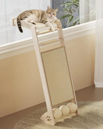 Miniatura 8 de Percha para ventana de gato con almohadilla para rascar, árbol trepador de 51 pulgadas, incluye hamaca escalera para gatos con 2 ventosas