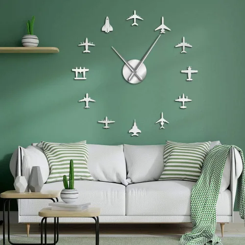 The Geeky Days Flying Plane Fighter Jet - Reloj de pared grande sin marco, estilo acrílico, efecto espejo, adhesivo, avión, silencioso, cuarzo, Plata