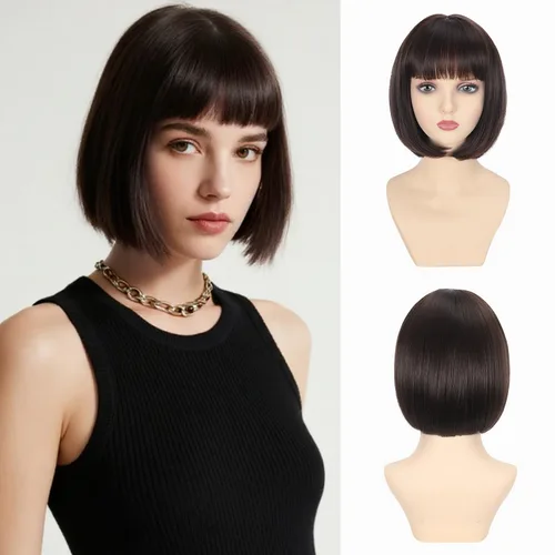 Miniatura 10 de Peluca Bob Marrón Ceniza con Flequillo, Peluca Corta y Lisa para Mujeres y Niñas, 12 Pulgadas, Resistente al Calor, Peluca de Cabello Bob Sintético