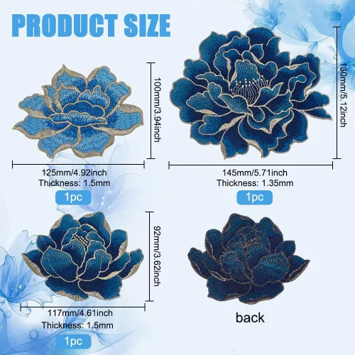 Miniatura 2 de BENECREAT 3 piezas de 3 estilos de parches florales de peonía, apliques bordados de flores de tela para ropa de bricolaje, chaquetas, jeans
