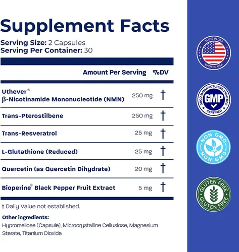 Miniatura 7 de BONE SCIENCE Uthever NMN & Pterostilbene Complejo 6 en 1 con resveratrol, glutatión y bioperina, precursor estabilizado de NAD+ de alta pureza