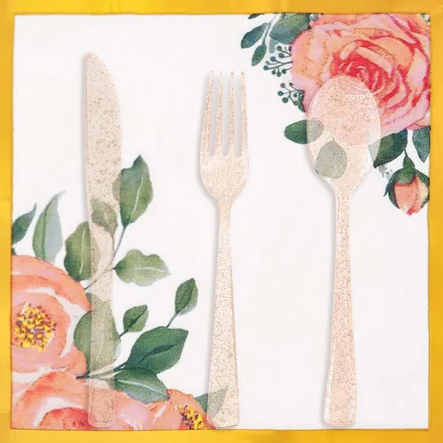 Miniatura 5 de Juego de 350 platos de papel floral, platos desechables con borde dorado para 50 invitados, suministros de fiesta para adultos, jardín, fiesta