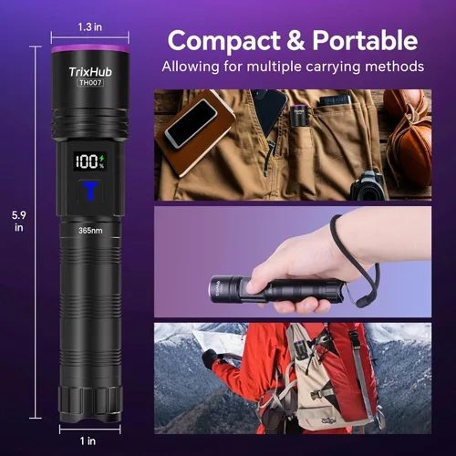 Miniatura 8 de TrixHub Linterna de luz negra de 365 nm, linterna UV recargable con pantalla LCD, potentes luces ultravioleta para detección de orina de mascotas