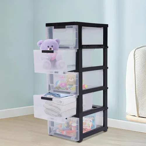 Cómoda de plástico para dormitorio, organizador de 5 cajones, armario de almacenamiento vertical moderno para ropa, torre de almacenamiento alta