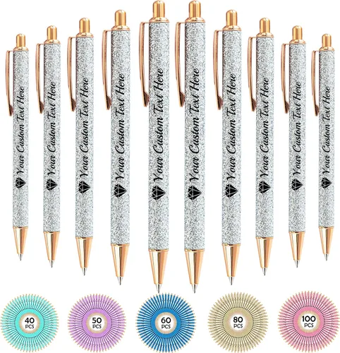 Miniatura 58 de Hasta 100 bolígrafos personalizados con nombre a granel, bolígrafo con purpurina de impresión personalizada, grabado gratis, texto con logotipo