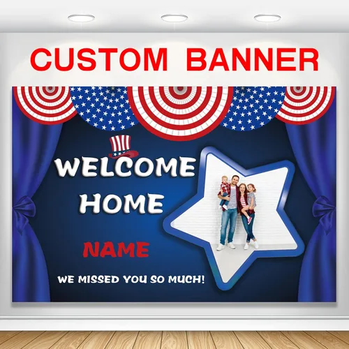 Miniatura 14 de Pancarta personalizada de bienvenida a casa, señal de bienvenida a casa en negro y oro para decoración exterior, suministros de fiesta de regreso