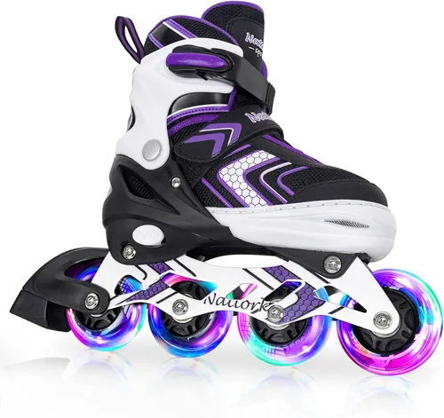 Patines en línea NATTORK para niños, niñas y niños con ruedas completamente iluminadas, patines ajustables seguros y duraderos, patines para Púrpura