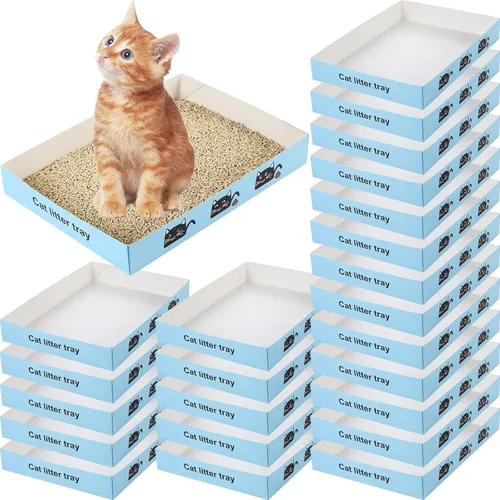 Paquete de 30 cajas de arena desechables para gatos, bandeja de papel plegable para gatitos de 13.8 x 10 x 2 pulgadas, caja de cartón pequeña y Azul