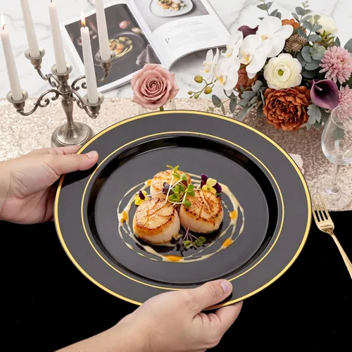 Miniatura 7 de NOCCUR 200 platos de plástico negro y dorado para 100 invitados - Incluyen 100 platos desechables resistentes de 10" para cena / 100 platos