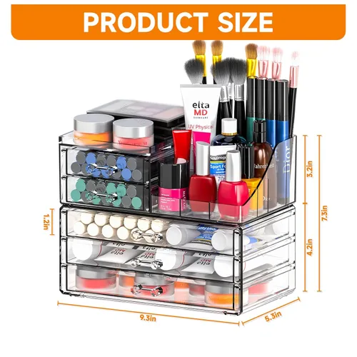 Miniatura 3 de Organizadores de maquillaje acrílicos transparentes y almacenamiento para tocador, organizador de cuidado de la piel para baño con 5 cajones