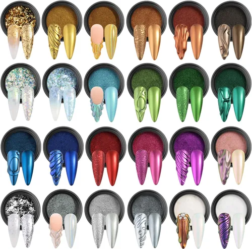 Miniatura 15 de Juego de polvos de uñas cromados, 14 colores, rosa, azul, plateado, efecto metálico, polvo de espejo para uñas con pinceles, pigmento holográfico