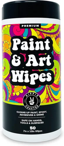 HIPPIE CRAFTER Toallitas de pintura y arte, 1 paquete (50 piezas) toallitas de limpieza resistentes para pintura, epoxi, pegamento, látex y manchas