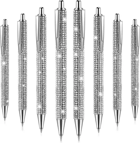 Jeyiour 8 bolígrafos de diamantes de imitación brillantes de boda con diamantes de imitación de metal plateado, bolígrafo retráctil de cristal