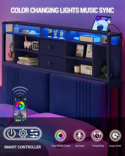 Miniatura 3 de Hzuaneri Cabecera con estantes de almacenamiento de 3 niveles, cabecera tapizada de terciopelo con tomacorriente, 2 puertos USB y luz LED, cabeceros