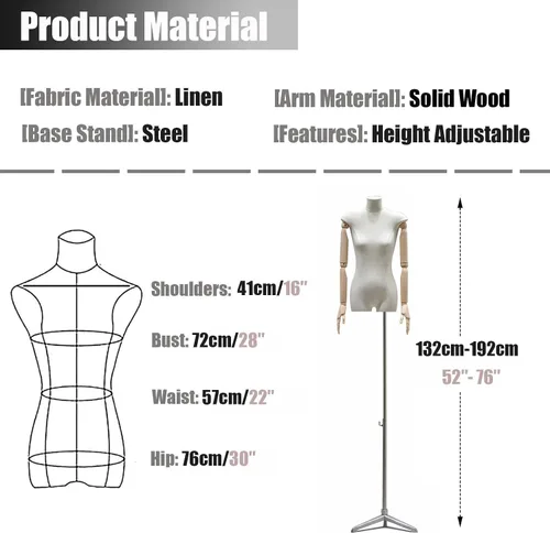 Miniatura 7 de Adjustable Female Mannequin Torso Dress Form - Linen Fabric Body on Metal Stand, Perfect for Tailoring, Sewing, Jewelry Display & Fashion Design