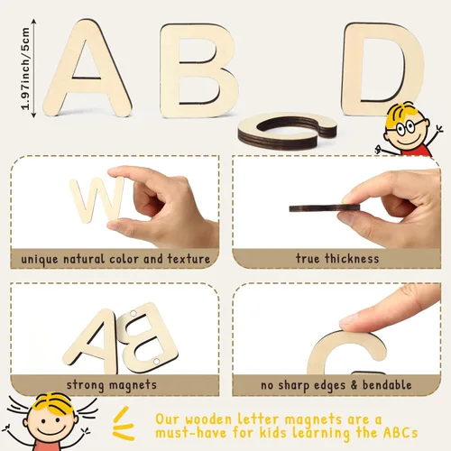 Miniatura 2 de Xuhal Kit de 52 letras magnéticas de madera para niños pequeños de 1 a 3 letras pequeñas del alfabeto magnético en mayúsculas y minúsculas, regalo