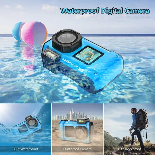 Miniatura 2 de Cámara subacuática UHD 8K, 70MP 33FT WiFi Cámara digital impermeable con tarjeta de 64 GB, enfoque automático, impermeable, doble pantalla, selfie